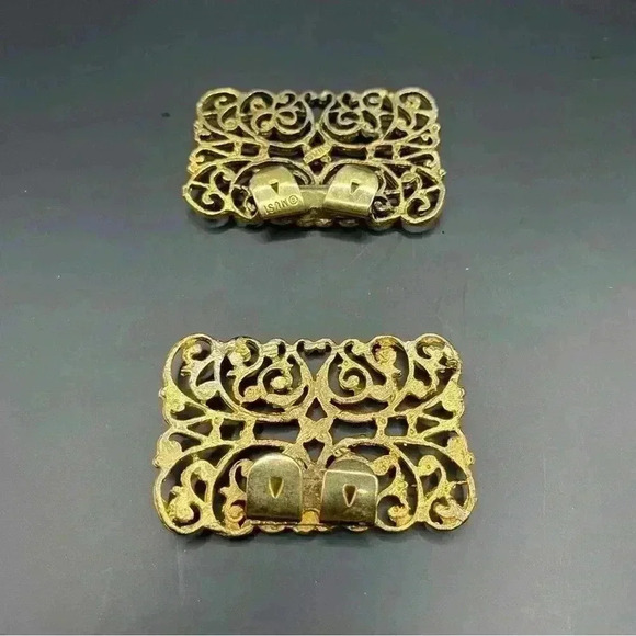 Vintage Gold Tone Square Filigree Shoe Clips Signed Musi - Picture 3 of 8